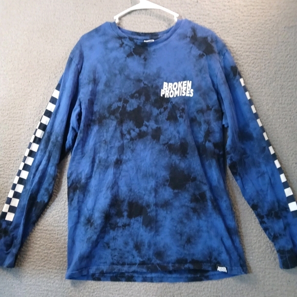 Broken Promises Mens Long Sleeve Shirt Large Blue Tie Dye Cotton Crew Neck - Picture 1 of 13